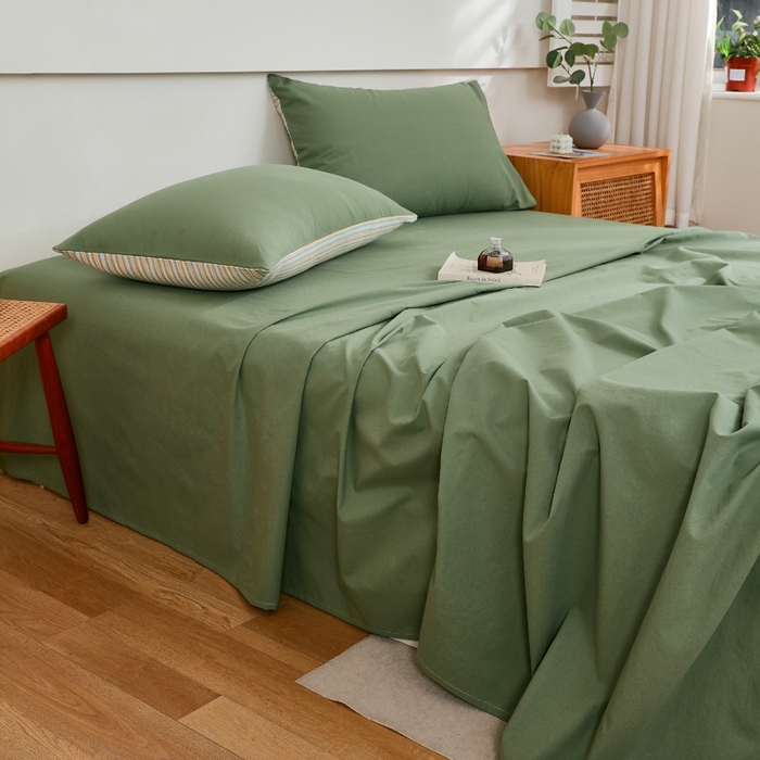 91家纺网 家纺一手货源 找家纺 春皖家纺 2026新款色织AB版水洗棉三件套四件套单品系列（单床单-B版风格一） 素雅军绿