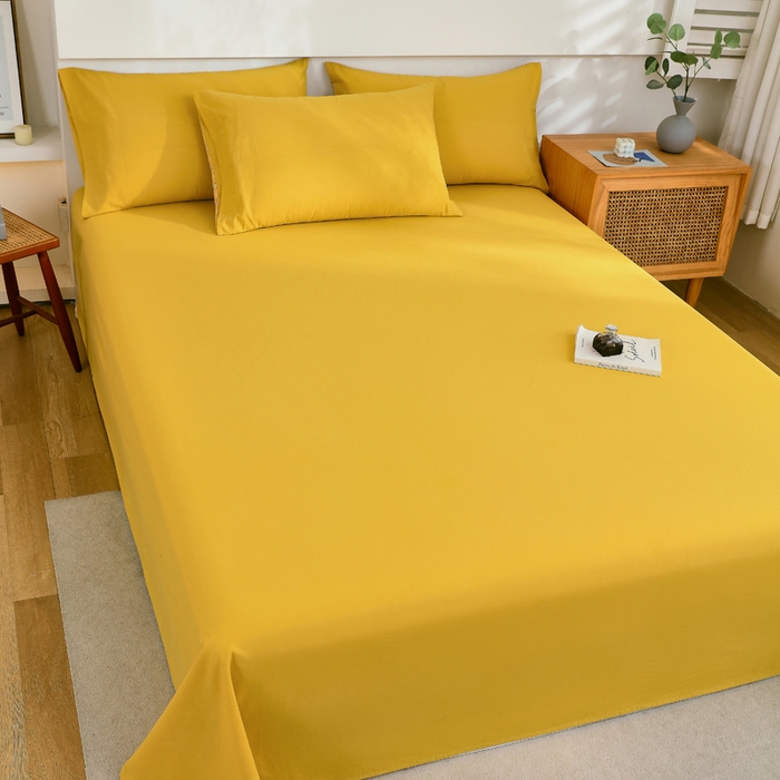 91家纺网 家纺一手货源 找家纺 春皖家纺 2026新款色织AB版水洗棉三件套四件套单品系列（单床单-B版风格一） 素雅深黄