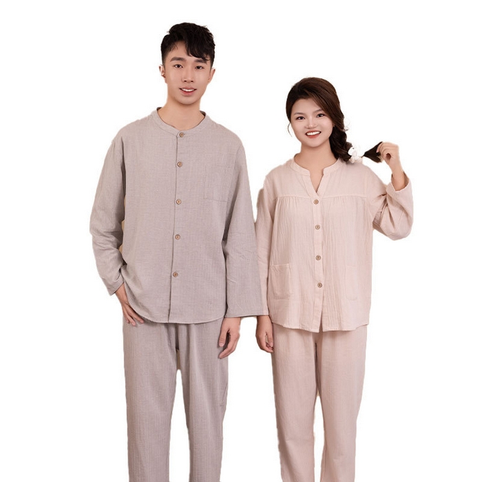 （总）洛兰沙家居馆 春秋新款女士棉麻套装多色大码 家居服男款长袖长裤柔软宽松 睡衣