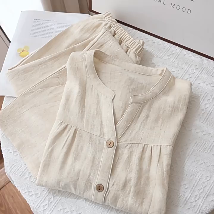 91家纺网 家纺一手货源 找家纺 （总）洛兰沙家居馆 春秋新款女士棉麻套装多色大码 家居服男款长袖长裤柔软宽松 睡衣