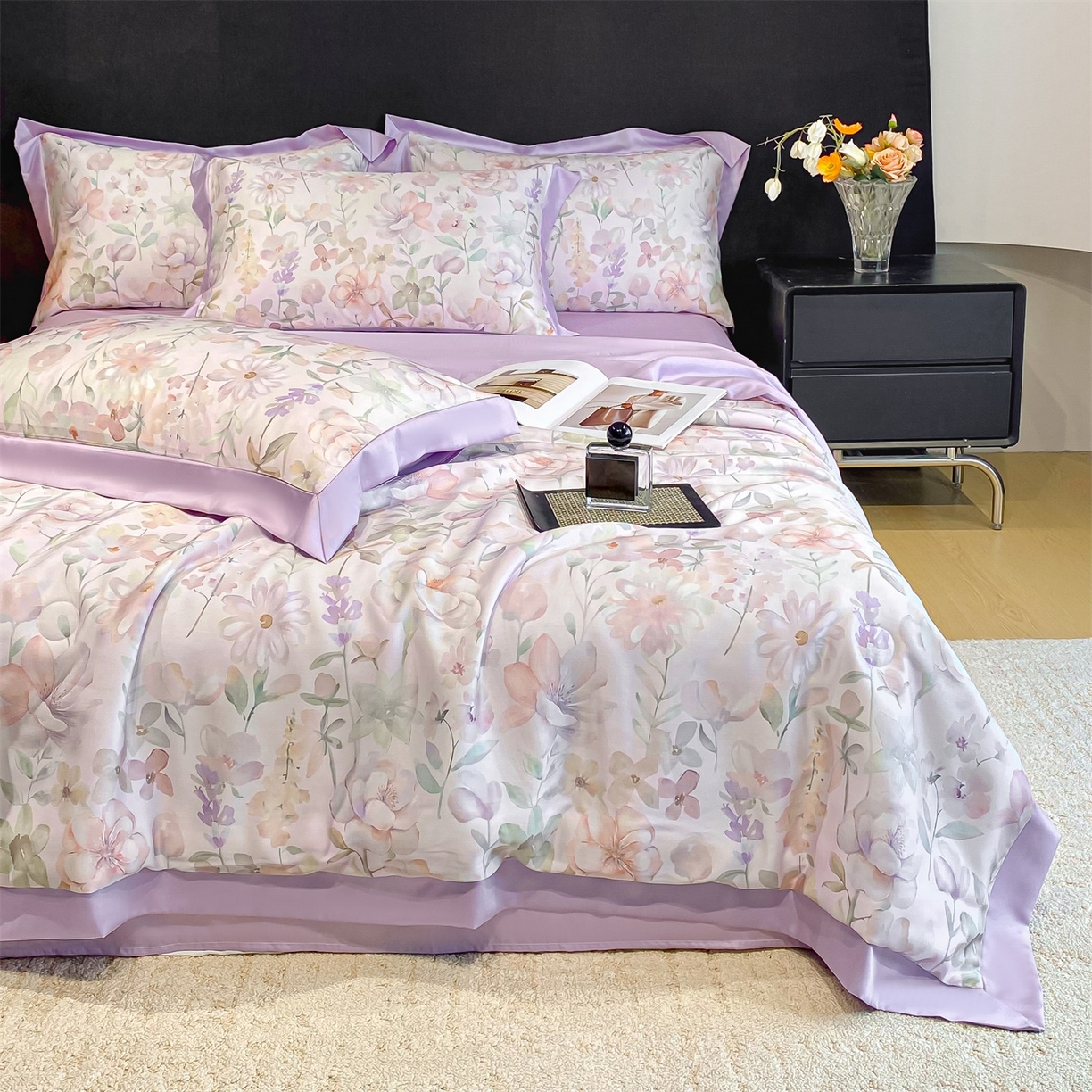 91家纺网 家纺一手货源 找家纺 笙意家纺 2026A类水洗冰丝数码印花宽边夏被四件套紫风