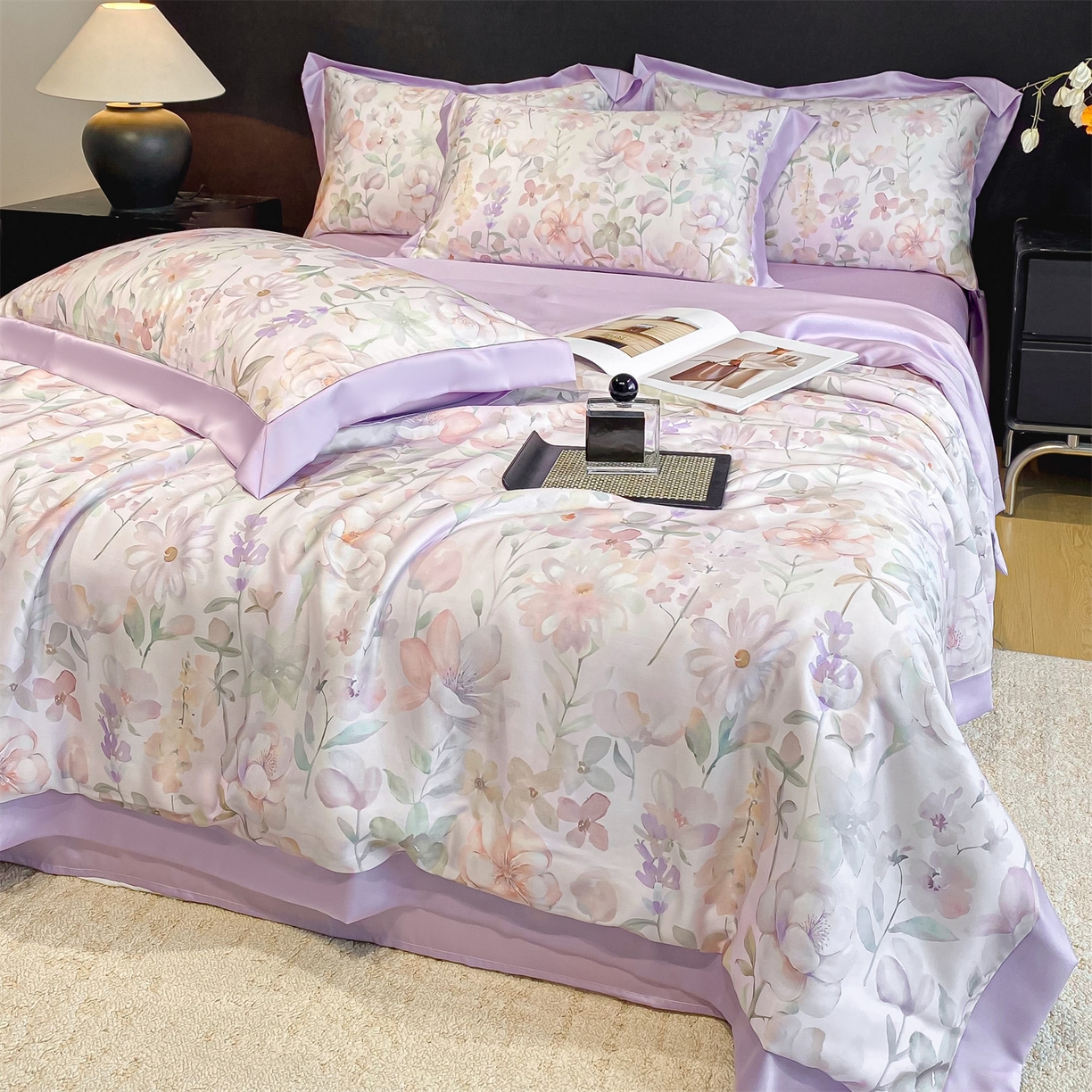 91家纺网 家纺一手货源 找家纺 笙意家纺 2026A类水洗冰丝数码印花宽边夏被四件套紫风