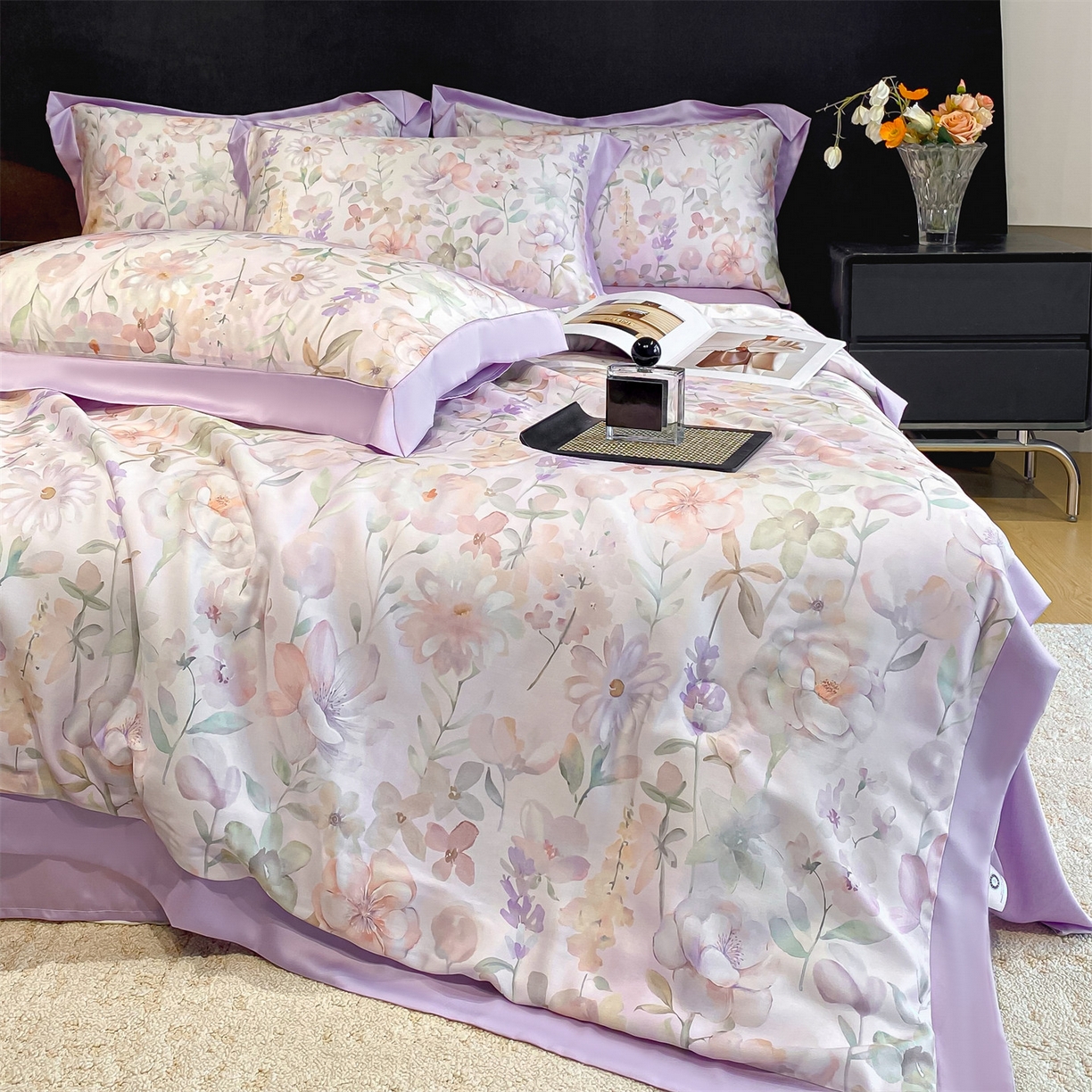 91家纺网 家纺一手货源 找家纺 笙意家纺 2026A类水洗冰丝数码印花宽边夏被四件套紫风