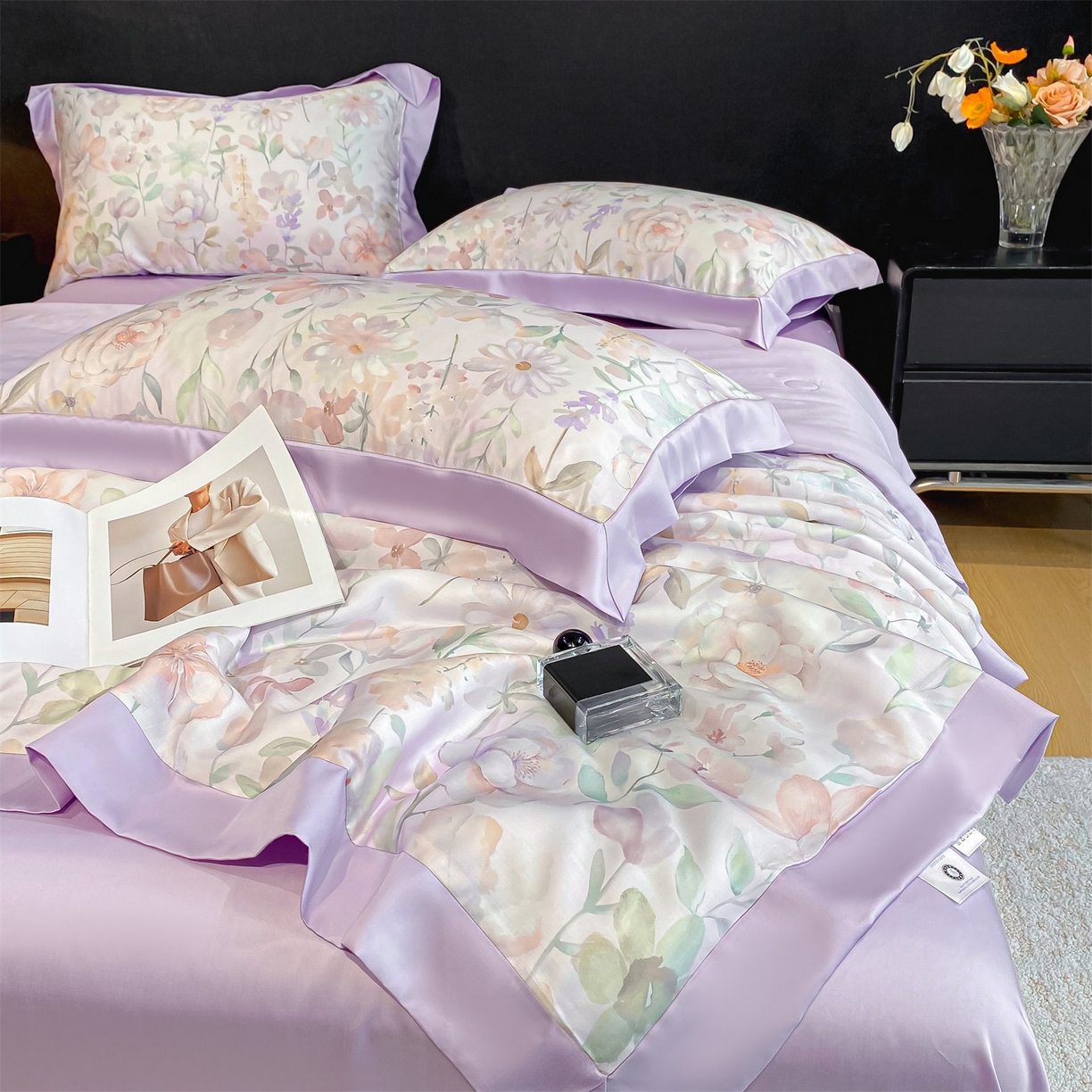 91家纺网 家纺一手货源 找家纺 笙意家纺 2026A类水洗冰丝数码印花宽边夏被四件套紫风