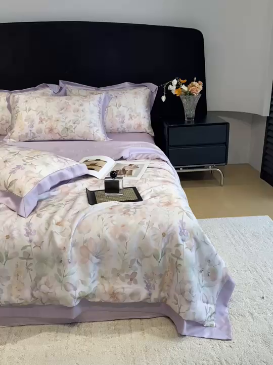 91家纺网 家纺一手货源 找家纺 笙意家纺 2026A类水洗冰丝数码印花宽边夏被四件套紫风