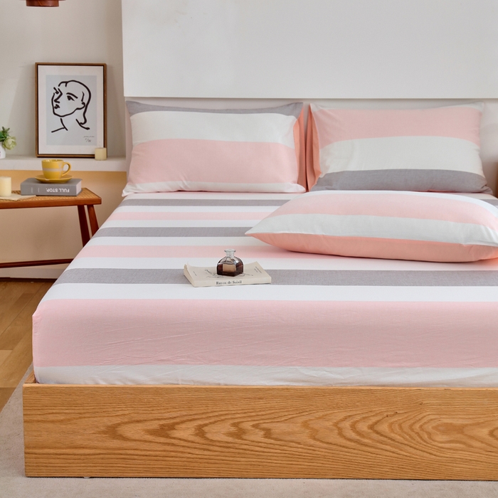 91家纺网 家纺一手货源 找家纺 春皖家纺 2026新款色织AB版水洗棉三件套四件套单品系列（单床笠-A版风格一） 素雅-灰白条