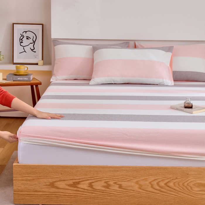 91家纺网 家纺一手货源 找家纺 春皖家纺 2026新款色织AB版水洗棉三件套四件套单品系列（单床笠-A版风格一） 素雅-灰白条