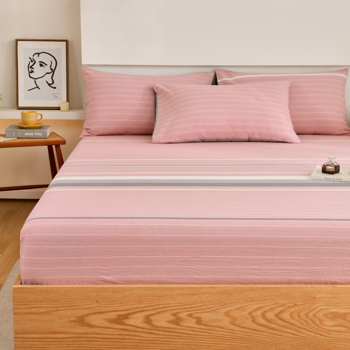 91家纺网 家纺一手货源 找家纺 春皖家纺 2026新款色织AB版水洗棉三件套四件套单品系列（单床笠-A版风格一） 素雅-蔻粉