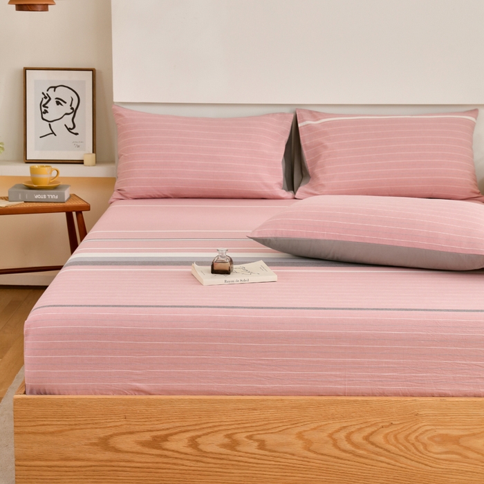 91家纺网 家纺一手货源 找家纺 春皖家纺 2026新款色织AB版水洗棉三件套四件套单品系列（单床笠-A版风格一） 素雅-蔻粉