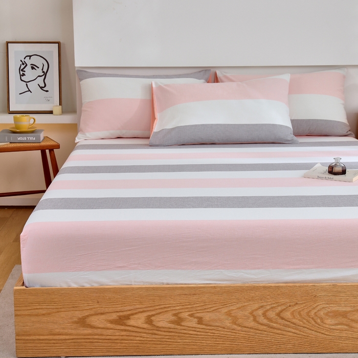 91家纺网 家纺一手货源 找家纺 春皖家纺 2026新款色织AB版水洗棉三件套四件套单品系列（单床笠-A版风格一） 素雅-灰白条