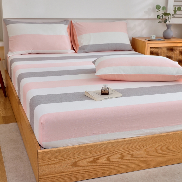 91家纺网 家纺一手货源 找家纺 春皖家纺 2026新款色织AB版水洗棉三件套四件套单品系列（单床笠-A版风格一） 素雅-灰白条