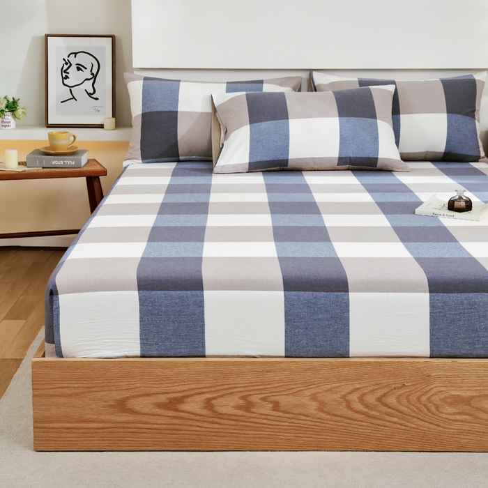 91家纺网 家纺一手货源 找家纺 春皖家纺 2026新款色织AB版水洗棉三件套四件套单品系列（单床笠-A版风格一） 素雅-蓝大格