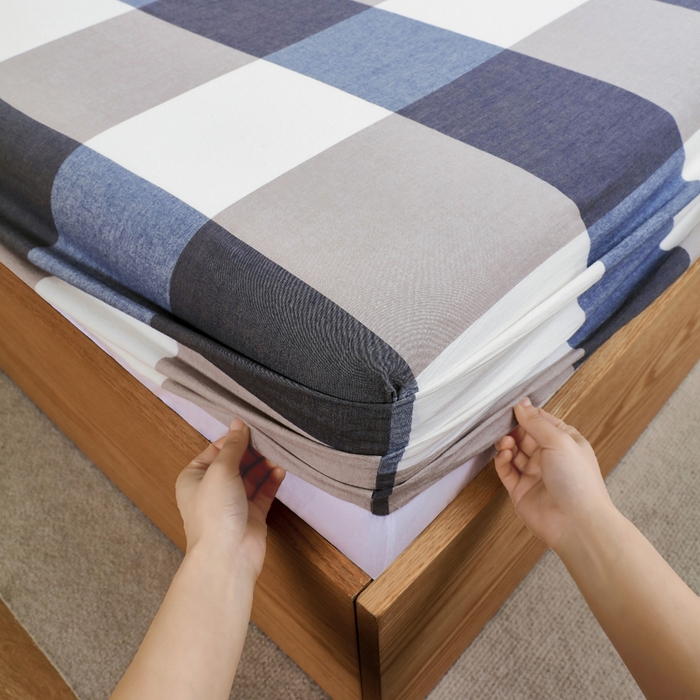 91家纺网 家纺一手货源 找家纺 春皖家纺 2026新款色织AB版水洗棉三件套四件套单品系列（单床笠-A版风格一） 素雅-蓝大格