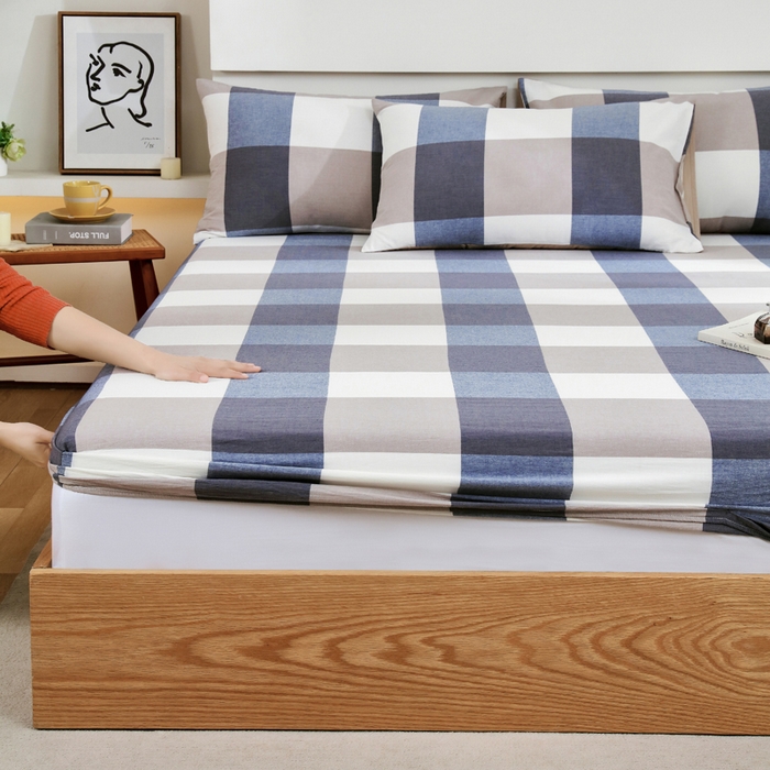 91家纺网 家纺一手货源 找家纺 春皖家纺 2026新款色织AB版水洗棉三件套四件套单品系列（单床笠-A版风格一） 素雅-蓝大格