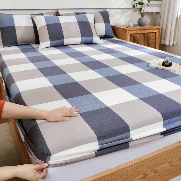 91家纺网 家纺一手货源 找家纺 春皖家纺 2026新款色织AB版水洗棉三件套四件套单品系列（单床笠-A版风格一） 素雅-蓝大格