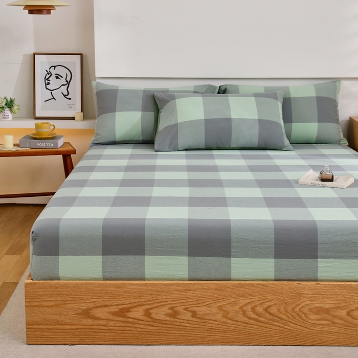 91家纺网 家纺一手货源 找家纺 春皖家纺 2026新款色织AB版水洗棉三件套四件套单品系列（单床笠-A版风格一） 素雅-清格