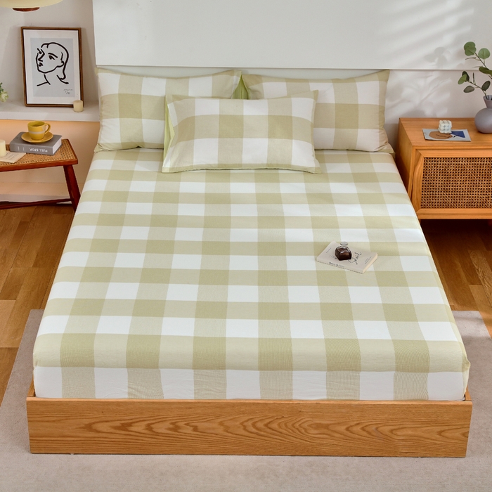 91家纺网 家纺一手货源 找家纺 春皖家纺 2026新款色织AB版水洗棉三件套四件套单品系列（单床笠-A版风格一） 素雅-芳绿