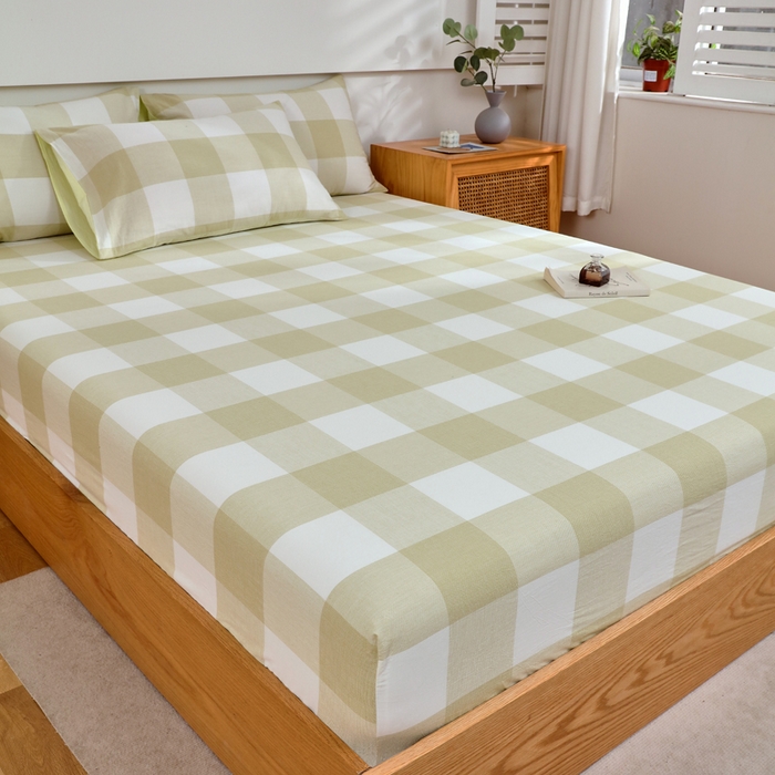 91家纺网 家纺一手货源 找家纺 春皖家纺 2026新款色织AB版水洗棉三件套四件套单品系列（单床笠-A版风格一） 素雅-芳绿