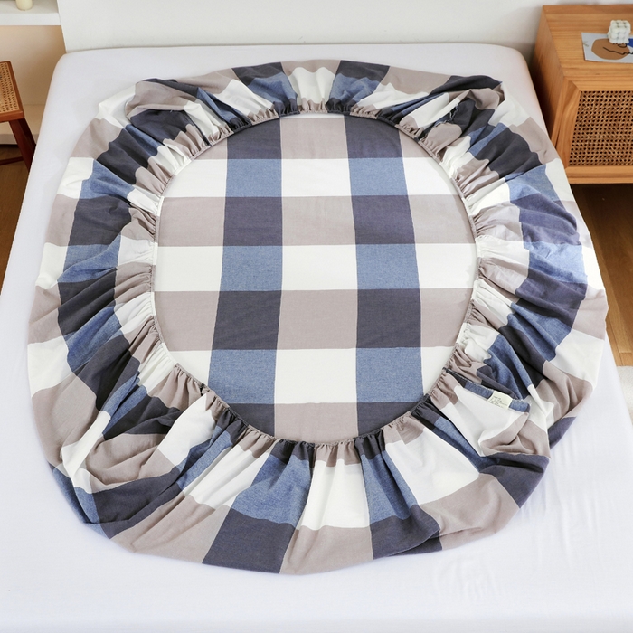 91家纺网 家纺一手货源 找家纺 春皖家纺 2026新款色织AB版水洗棉三件套四件套单品系列（单床笠-A版风格一） 素雅-蓝大格