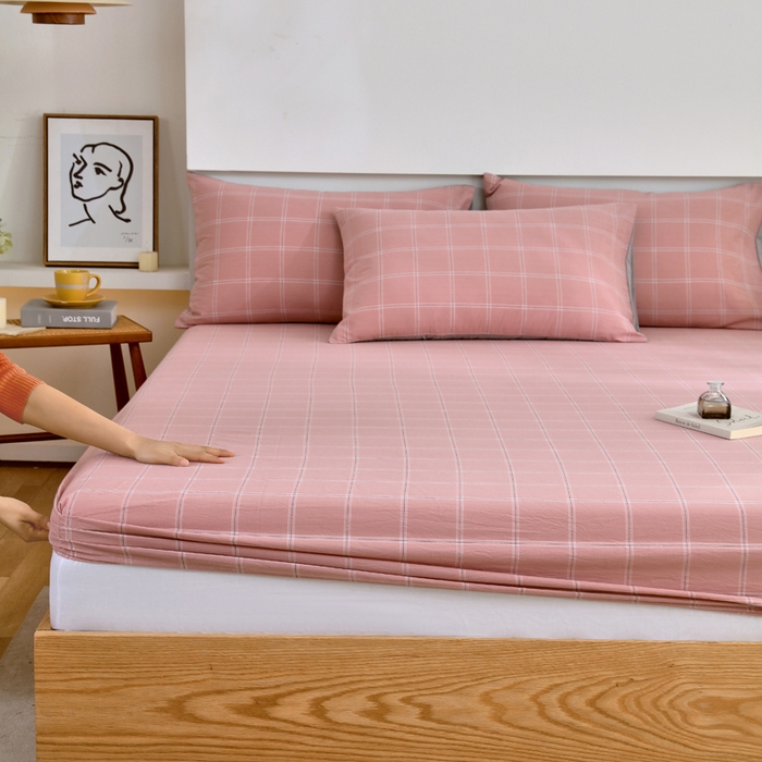 91家纺网 家纺一手货源 找家纺 春皖家纺 2026新款色织AB版水洗棉三件套四件套单品系列（单床笠-A版风格一） 素雅-韵粉