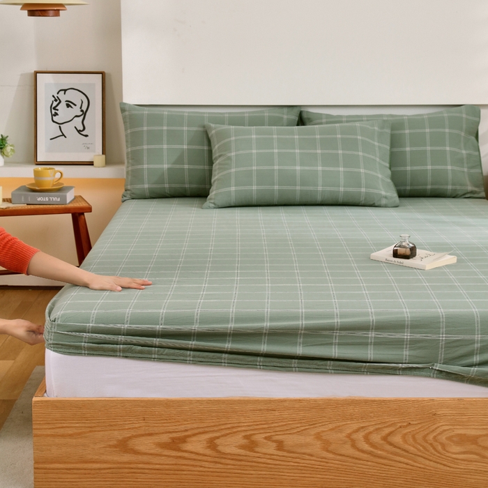 91家纺网 家纺一手货源 找家纺 春皖家纺 2026新款色织AB版水洗棉三件套四件套单品系列（单床笠-A版风格一） 素雅-韵绿