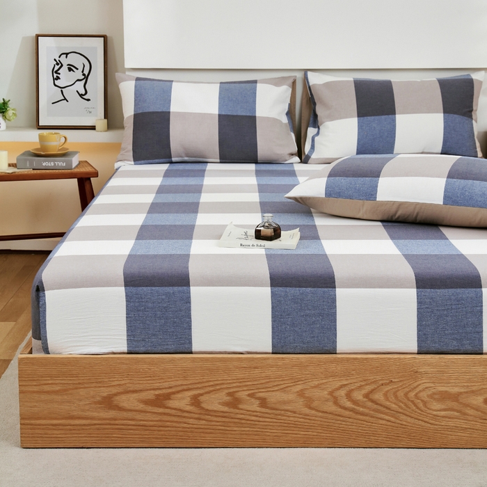 91家纺网 家纺一手货源 找家纺 春皖家纺 2026新款色织AB版水洗棉三件套四件套单品系列（单床笠-A版风格一） 素雅-蓝大格