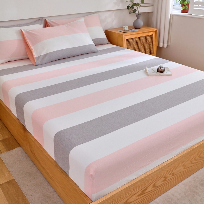 91家纺网 家纺一手货源 找家纺 春皖家纺 2026新款色织AB版水洗棉三件套四件套单品系列（单床笠-A版风格一） 素雅-灰白条