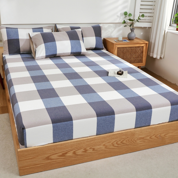 91家纺网 家纺一手货源 找家纺 春皖家纺 2026新款色织AB版水洗棉三件套四件套单品系列（单床笠-A版风格一） 素雅-蓝大格