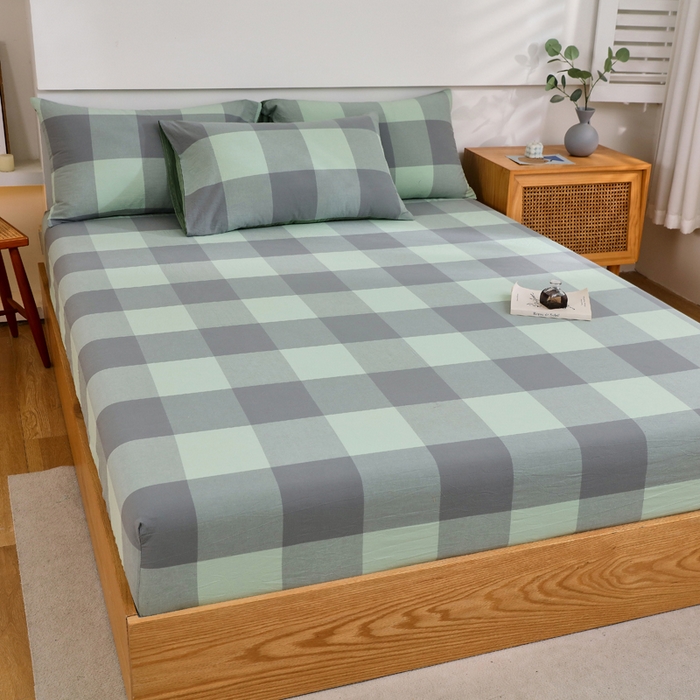 91家纺网 家纺一手货源 找家纺 春皖家纺 2026新款色织AB版水洗棉三件套四件套单品系列（单床笠-A版风格一） 素雅-清格