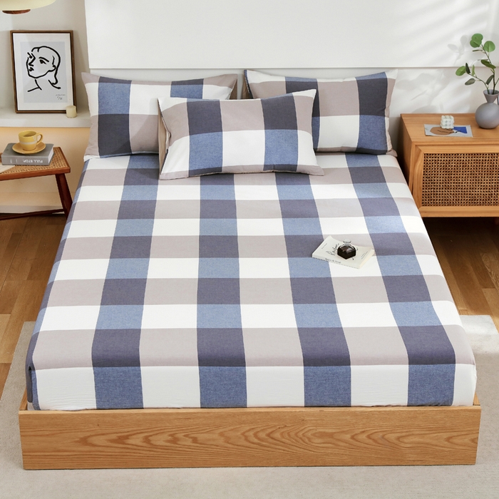 春皖家纺 2026新款色织AB版水洗棉三件套四件套单品系列（单床笠-A版风格一） 素雅-蓝大格