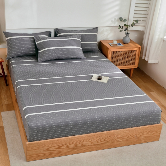 91家纺网 家纺一手货源 找家纺 春皖家纺 2026新款色织AB版水洗棉三件套四件套单品系列（单床笠-A版风格一） 素雅-灰条