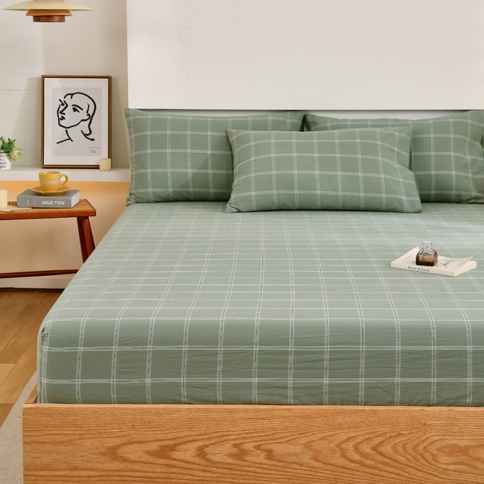 91家纺网 家纺一手货源 找家纺 春皖家纺 2026新款色织AB版水洗棉三件套四件套单品系列（单床笠-A版风格一） 素雅-韵绿