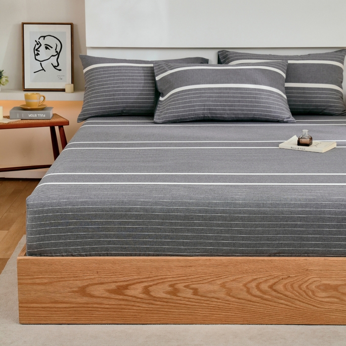 91家纺网 家纺一手货源 找家纺 春皖家纺 2026新款色织AB版水洗棉三件套四件套单品系列（单床笠-A版风格一） 素雅-灰条