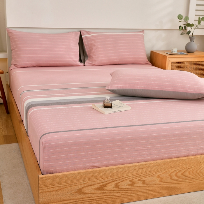 91家纺网 家纺一手货源 找家纺 春皖家纺 2026新款色织AB版水洗棉三件套四件套单品系列（单床笠-A版风格一） 素雅-蔻粉