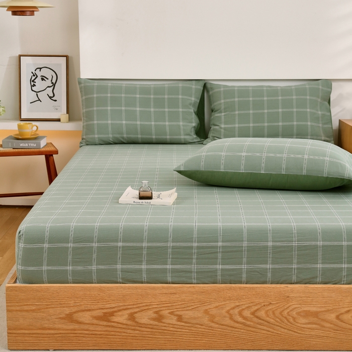 91家纺网 家纺一手货源 找家纺 春皖家纺 2026新款色织AB版水洗棉三件套四件套单品系列（单床笠-A版风格一） 素雅-韵绿