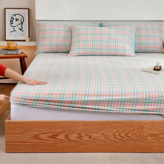 91家纺网 家纺一手货源 找家纺 春皖家纺 2026新款色织AB版水洗棉三件套四件套单品系列（单床笠-A版风格一） 翠竹-绿格