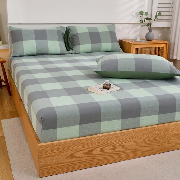 91家纺网 家纺一手货源 找家纺 春皖家纺 2026新款色织AB版水洗棉三件套四件套单品系列（单床笠-A版风格一） 素雅-清格