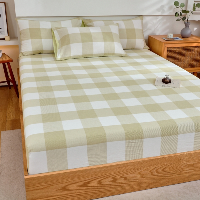 91家纺网 家纺一手货源 找家纺 春皖家纺 2026新款色织AB版水洗棉三件套四件套单品系列（单床笠-A版风格一） 素雅-芳绿