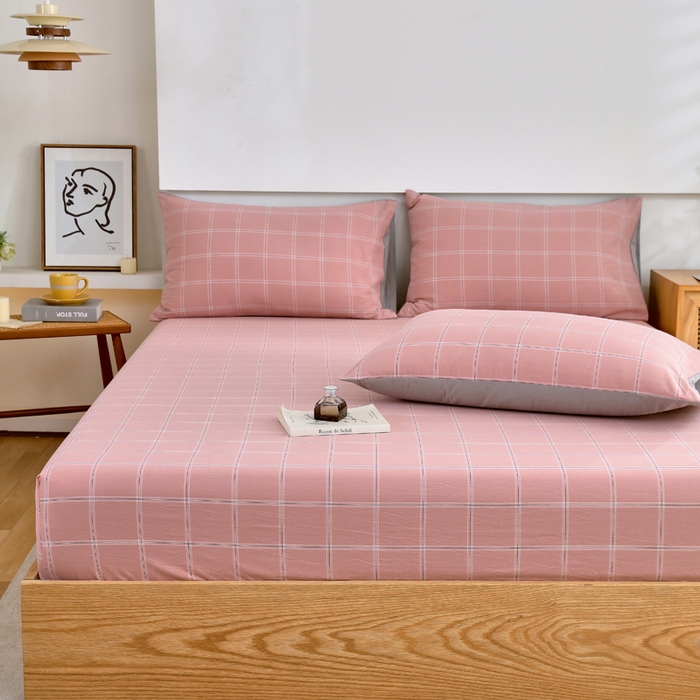 91家纺网 家纺一手货源 找家纺 春皖家纺 2026新款色织AB版水洗棉三件套四件套单品系列（单床笠-A版风格一） 素雅-韵粉