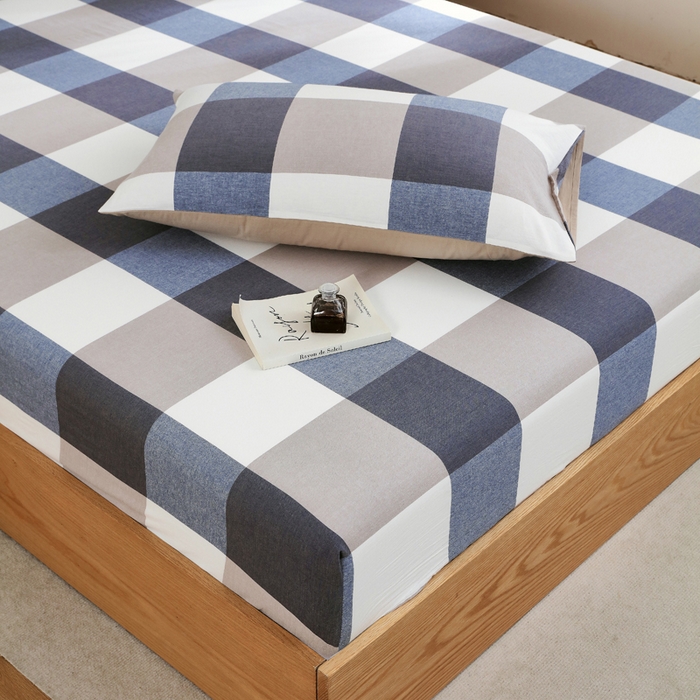 91家纺网 家纺一手货源 找家纺 春皖家纺 2026新款色织AB版水洗棉三件套四件套单品系列（单床笠-A版风格一） 素雅-蓝大格