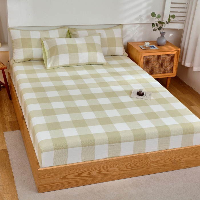 91家纺网 家纺一手货源 找家纺 春皖家纺 2026新款色织AB版水洗棉三件套四件套单品系列（单床笠-A版风格一） 素雅-芳绿