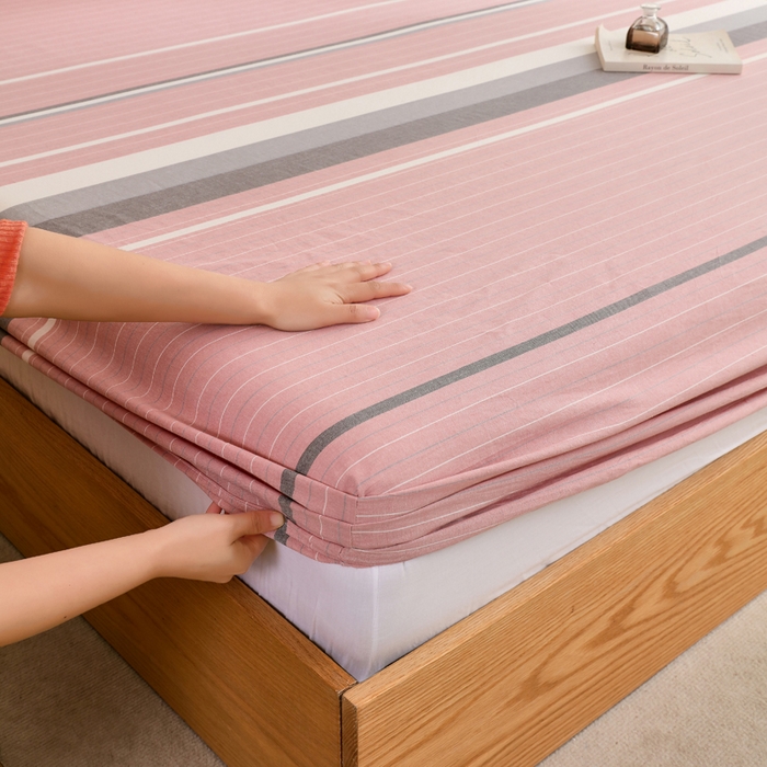 91家纺网 家纺一手货源 找家纺 春皖家纺 2026新款色织AB版水洗棉三件套四件套单品系列（单床笠-A版风格一） 素雅-蔻粉