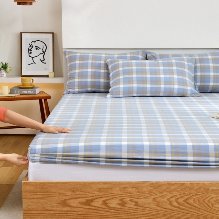 91家纺网 家纺一手货源 找家纺 春皖家纺 2026新款色织AB版水洗棉三件套四件套单品系列（单床笠-A版风格一） 素雅-蓝格