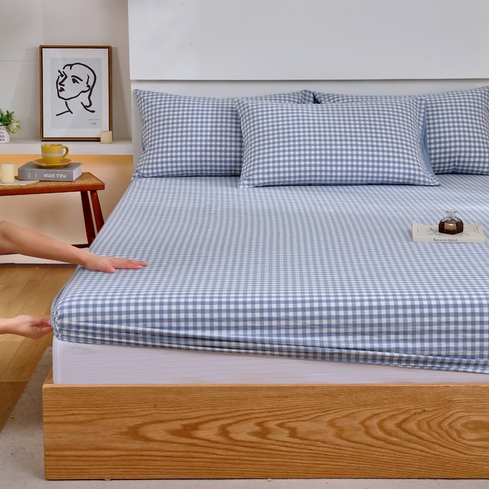 91家纺网 家纺一手货源 找家纺 春皖家纺 2026新款色织AB版水洗棉三件套四件套单品系列（单床笠-A版风格一） 素雅-蓝小格