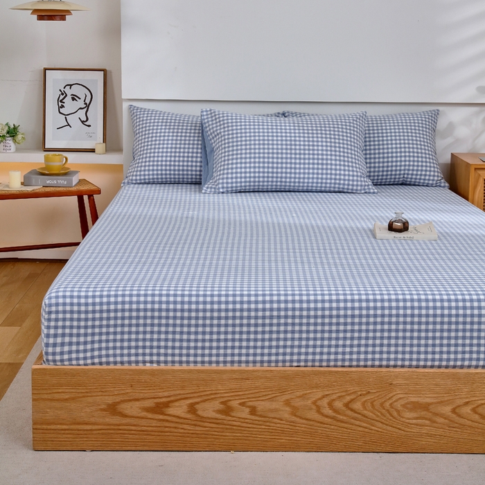 91家纺网 家纺一手货源 找家纺 春皖家纺 2026新款色织AB版水洗棉三件套四件套单品系列（单床笠-A版风格一） 素雅-蓝小格