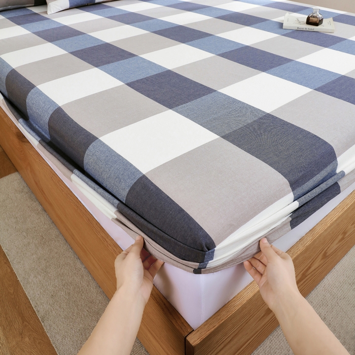 91家纺网 家纺一手货源 找家纺 春皖家纺 2026新款色织AB版水洗棉三件套四件套单品系列（单床笠-A版风格一） 素雅-蓝大格