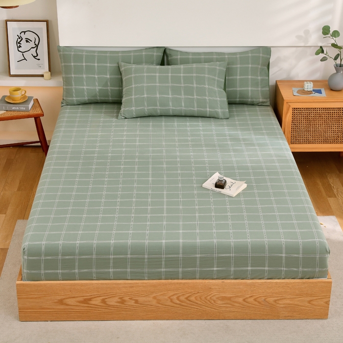 春皖家纺 2026新款色织AB版水洗棉三件套四件套单品系列（单床笠-A版风格一） 素雅-韵绿