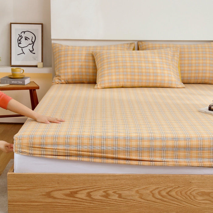 91家纺网 家纺一手货源 找家纺 春皖家纺 2026新款色织AB版水洗棉三件套四件套单品系列（单床笠-A版风格一） 素雅-黄条