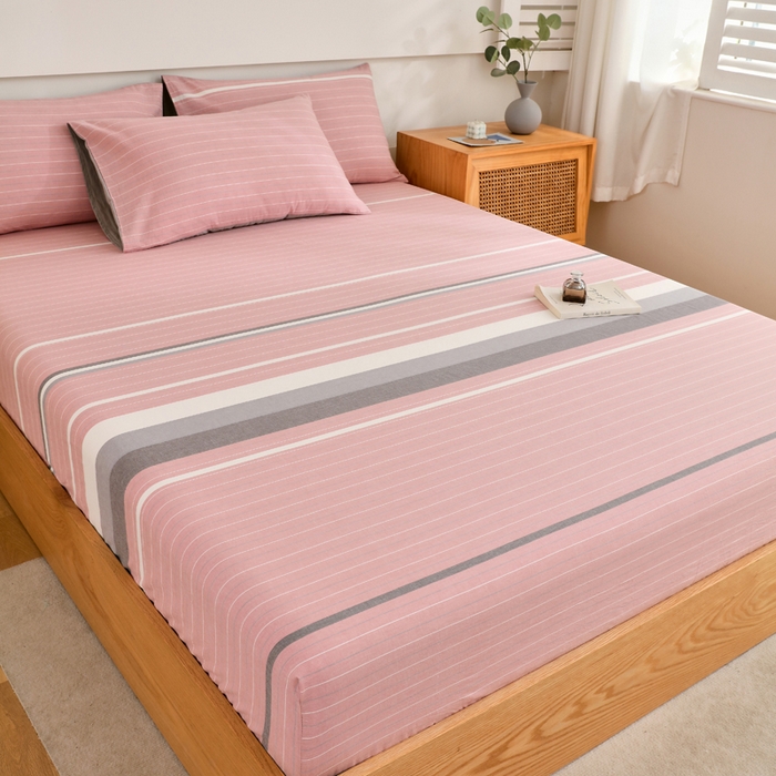 91家纺网 家纺一手货源 找家纺 春皖家纺 2026新款色织AB版水洗棉三件套四件套单品系列（单床笠-A版风格一） 素雅-蔻粉