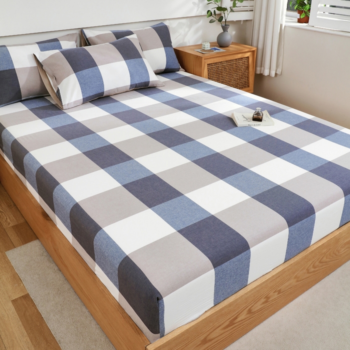 91家纺网 家纺一手货源 找家纺 春皖家纺 2026新款色织AB版水洗棉三件套四件套单品系列（单床笠-A版风格一） 素雅-蓝大格